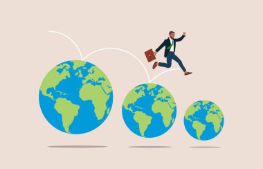 Businessman running on a shrinking world. Modern vector illustration in flat style