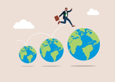 Businessman running on the growing world. Open the world of business. Modern vector illustration in flat style