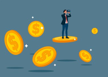 Businessman standing on flying dollar coins with binocular, analysing and looking for a good trade. Modern vector illustration in flat style