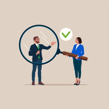 Businesswoman holding magnifying glass zoom in businessman. Company staff recruitment concept. Flat vector illustration.