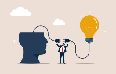  İyimserliği arttır. İş adamı pozitif enerjiyi birbirine bağlar. Düz biçimli modern vektör illüstrasyonu