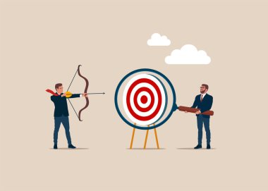  İş hedefine odaklan. Hedef tahtası büyüteç içinde odaklanmak için. Düz biçimli modern vektör illüstrasyonu