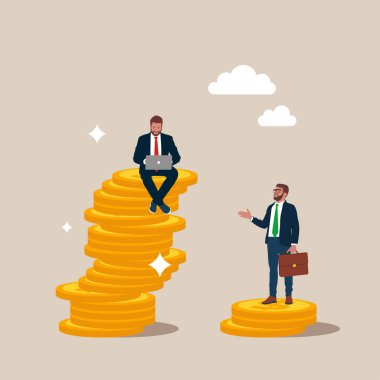 Altın sikkeler üzerine dizüstü bilgisayarı olan iş adamları düz vektör tasarımı