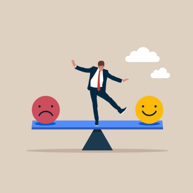  Duyguları dengeleyen iş adamı. Duygusal zeka dengesi, duygu kontrolü hissi. Düz biçimli modern vektör illüstrasyonu