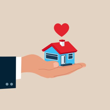  Kırmızı kalpli küçük bir evde el ele tutuşmak. Mülk satmak ya da satın almak. Düz biçimli modern vektör illüstrasyonu