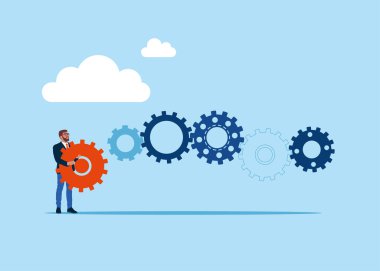  İş sürecini akış çizelgeleriyle otomatik hale getir. İş adamı viteslerin tam bağlantısı. Düz biçimli modern vektör illüstrasyonu