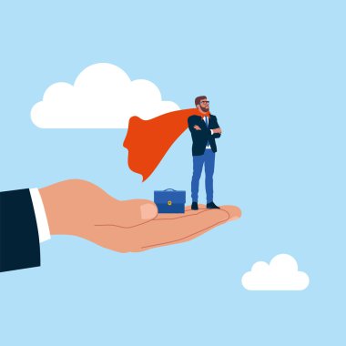  Liderlik ya da iş büyüme konsepti, işte başarılı olmaya yardımcı olur. İşadamı süper kahraman desteklenen ellere inanıyor. Düz vektör illüstrasyonu      