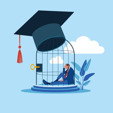 Mezuniyet şapkasıyla kafesten mezun olan genç bir erkek. 
