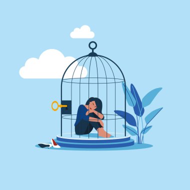  Bunalımlı kadın kendini kuş kafesinin içine kilitler. Endişe, depresyon, yalnızlık, dışarı çıkma korkusu. Düz biçimli modern vektör illüstrasyonu  