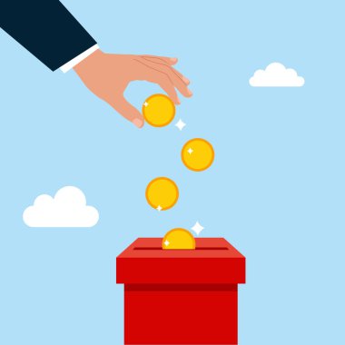  İnsan eli, para kutusu ve bozuk para. Bir dolar para bağışla. Düz biçimli modern vektör illüstrasyonu