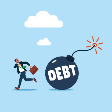  Borç bombasından kaçan iş adamı yatırımcı. Borsa ve kripto para birimi krizi, enflasyon. Düz vektör illüstrasyonu.