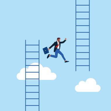  İş adamı merdivenlerden yüksek merdivenlere atlıyor. Düz biçimli modern vektör illüstrasyonu