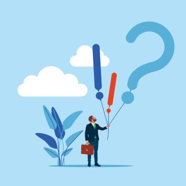  Ünlem ve soru işaretleri taşıyan bir iş adamı. Düz biçimli modern vektör illüstrasyonu