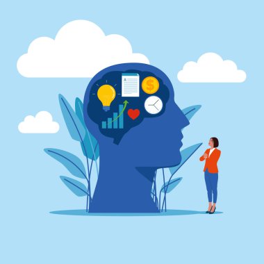 İş adamları düşünüyor, kadın ikonlu kafaya bakıyor. vektör illüstrasyonu.    