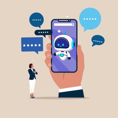  Robotla sohbet eden, sorular soran ve cevaplar alan bir kız. Al asistan desteği. Düz biçimli modern vektör illüstrasyonu