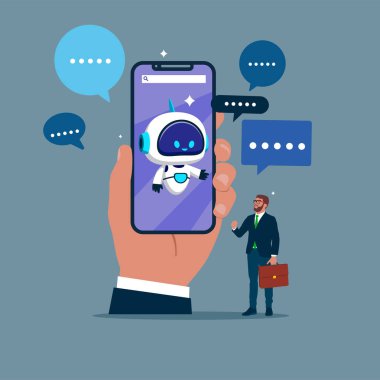  İş adamı robotla konuşuyor, sorular soruyor ve cevaplar alıyor. Al asistan desteği. Düz vektör illüstrasyonu