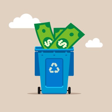  Çöpe atılmış parayla dolu bir çöp kutusu. Doların çöküşü. Düz vektör illüstrasyonu.