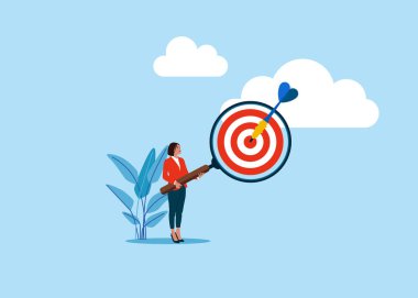 Hedef iş hedefi için büyüteç camının içindeki dartboard. Düz biçimli modern vektör illüstrasyonu