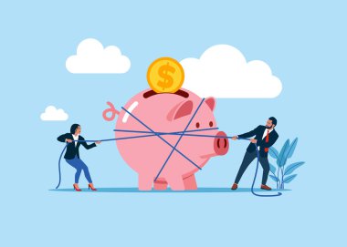 İşadamları pembe bir kumbarayı iple çekiyorlar. Açgözlülük ya da rekabet. Düz biçimli modern vektör illüstrasyonu