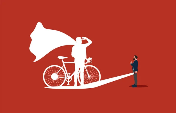 Επιχειρηματική Ιδέα Του Ποδηλάτη Υπερήρωα Επιχειρηματία Και Φακό Σύμβολο Φιλοδοξίας — Διανυσματικό Αρχείο