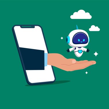 El ele tutuşan robot sohbet robotu akıllı. Dijital teknoloji geliştiricileri. Düz biçimli modern vektör illüstrasyonu