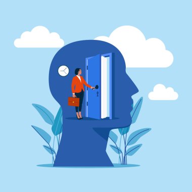 İş kadını bir kitaptan birinin zihnine giriyor. Düz vektör illüstrasyonu