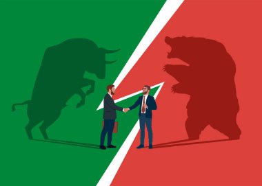 Bear ve Bull kavga ediyor. İş adamları el sıkışır. Finans piyasalarının sembolü. Küresel ekonomik kriz ya da patlama. Diplomasi, sözleşme imzalama. Düz vektör illüstrasyonu