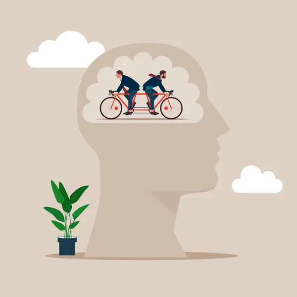商人们骑着同一辆自行车向相反的方向骑在大脑的内部 平面风格的现代矢量插图 — 图库矢量图片