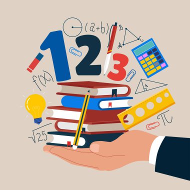 Elinde kitap tutan öğrenci. Arka plandaki bir yığın kitabın matematik unsurları. Yurtdışında eğitim müfredatı, denizaşırı okul, üniversite ve üniversite. Düz biçimli modern vektör illüstrasyonu