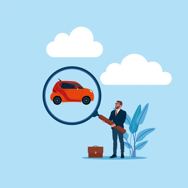 Αναζήτηση Και Την Επιλογή Ενός Κατάλληλου Αυτοκινήτου Επιχειρηματίας Βρήκε Αυτοκίνητό — Διανυσματικό Αρχείο