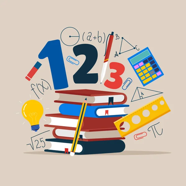 背景中的一堆书的数学元素 教育和学习概念 平面风格的现代矢量插图 — 图库矢量图片