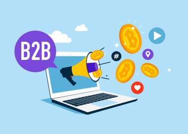 B2B pazarlama. Kripto para birimi bitcoin, finansal teknoloji. Sosyal medya ağı reklamları ve internet. SMM, internet tebligatı. Düz vektör illüstrasyonu