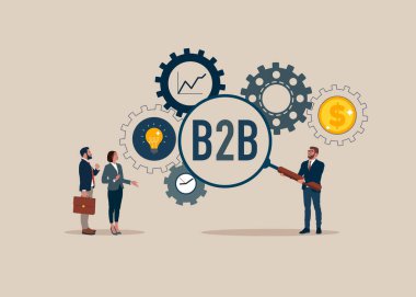İş adamları, dişli dişli üretiminde B2B veya Business to Business Marketing büyüteçlerine sahipler. Satış ve Ticaret Anlaşmalı İşlem, daha iyi kâr. Vektör illüstrasyonu