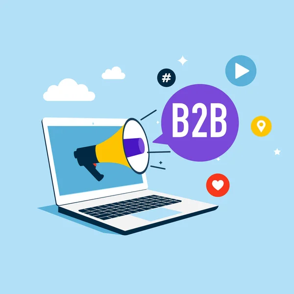 Konuşma balonunda B2B kelimesi. B2B pazarlama. Sosyal medya ağı reklamları ve internet. SMM, internet tebligatı. Düz vektör illüstrasyonu