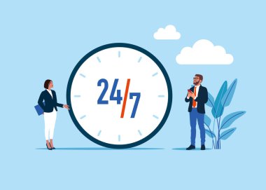 7 / 24 destek servisi, çalışma saatleri. Açık zaman. Uzun vadeli yatırım başarısı. Saatle ayakta duran iş adamları. Düz vektör illüstrasyonu