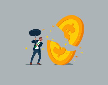 İşadamı balyoz kullanır ve bozuk para kırar. Finansal kriz ve Küresel Ekonomik Para Sorunu, İflas Ödenmemiş Borç, Yatırım Başarısızlığı.