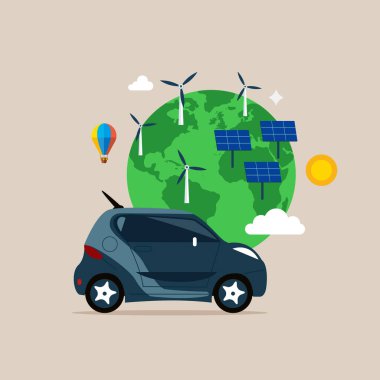 Çevre teknolojisini kullanan insanlar. Elektrikli otomobilde iş adamı, güneş panelleri ve rüzgar türbinlerinin yanında. Düz vektör illüstrasyonu.
