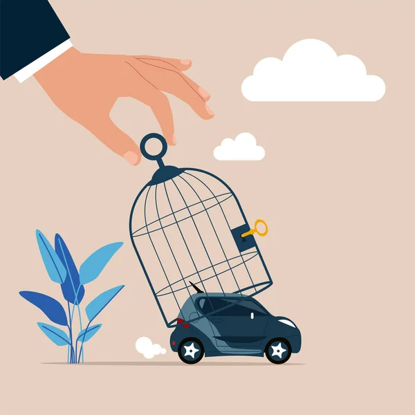 Μεγάλο Χέρι Πιάνει Μικρό Επιχειρηματία Στο Αυτοκίνητο Κλουβί Πουλιών Σύγχρονη — Διανυσματικό Αρχείο