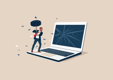 İşadamı balyoz kullanır ve bilgisayarı bozar. Sinirli bilgisayar kullanıcısı. Ofis hayatı onu delirtiyor. Yavaş internet bağlantısı. Hatayla baş etmek. Düz vektör illüstrasyonu