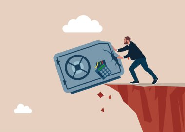 İş adamı, deforme olmuş bir kasayı uçurumdan aşağı atmak için itmiş. Sorunları çözüyorum. İş yönetimi ve ekonomi konuları. Düz vektör illüstrasyonu