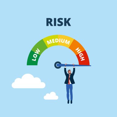 İşadamı yüksek riskli bir metrede okun ucunda asılı duruyor. Hız göstergesi yüksek, orta, düşük. Modern düz vektör illüstrasyonu.