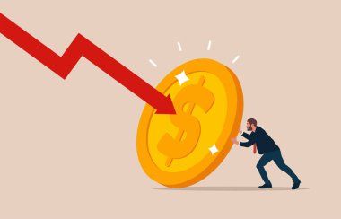 Büyük paralar tutan ve mali krizle savaşan bir iş adamı. Ekonomik krize karşı. Düz biçimli modern vektör illüstrasyonu.