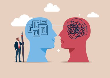 Beyin fırtınası yapanlar, kendilerini sorgulayanlar ve karar verenler. Kaostan düzene. Zihinsel problem çözme, terapi. Düz biçimli modern vektör illüstrasyonu.