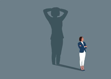 Korku gölgesiyle ayakta duran kendine güvenen bir iş kadını. İş yerinde özgüven eksikliği. Sahtekar sendromu sorunu. Düz vektör illüstrasyonu.