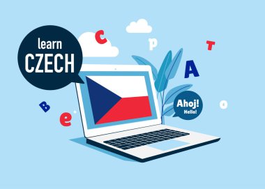 Online eğitim. Çekçe dil okulunda. Ana dili ile yabancı diller çalış. Vektör illüstrasyonu.