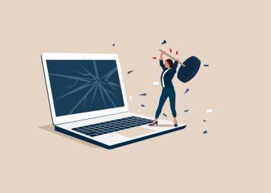 Kadın kullanıcı balyozu ve bilgisayar kırıyor. Sinirli bilgisayar kullanıcısı. Ofis hayatı onu delirtiyor. Yavaş internet bağlantısı. Hatayla baş etmek. Düz vektör illüstrasyonu