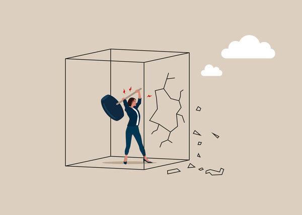 Female holding sledgehammer to break glass cube. Flat vector illustration