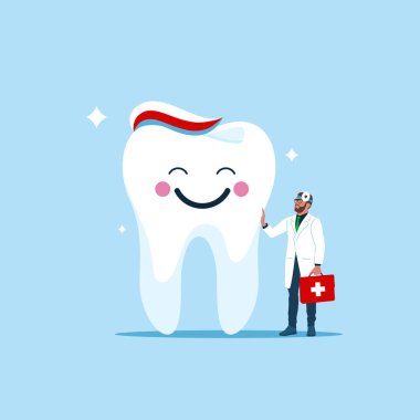 Kafasında diş macunu olan mutlu bir diş. Diş bakımı, ağız hijyeni, diş problemi. Düz biçimli modern vektör illüstrasyonu