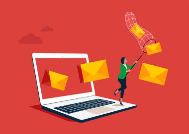 İş kadını, kelebek ağı kullanarak e-posta yolluyor. Modern teknolojiyle çalışan kadın karakter, web koruması. Vektör illüstrasyonu.