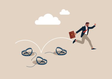 Girişimci iş başarısı elde etmek için birçok engeli aşar. Çelik tuzaklardan kaçının. Düz vektör illüstrasyonu. 